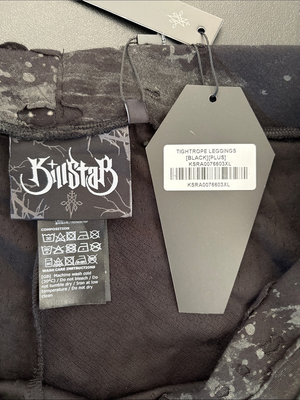 V - #KS313 - NWT Killstar Black and Gray Distressed Leggings 3XL - Picture 4 of 5